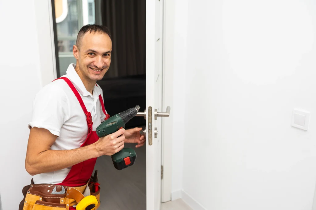 cheerful locksmith installing a door lock on a new 2025 01 10 02 18 12 utc